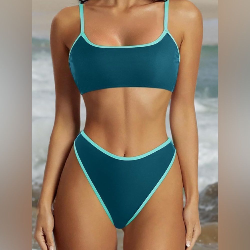 SUUKSESS High Waisted 2 Piece Cheeky High Cut Bandeau Swimsuit navy/aqua
